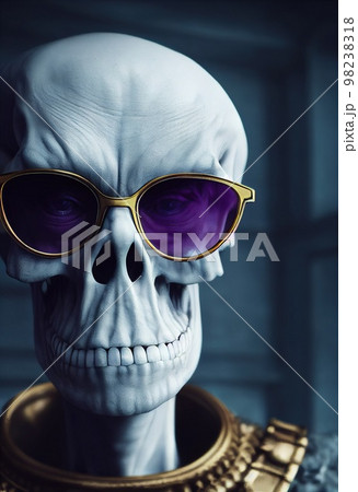 Portrait of a cyberpunk zombie skeleton from hell with fancy sunglasses.  Halloween Concept. 3D rendering. Stock Illustration