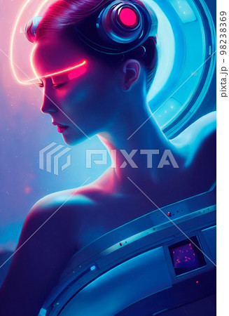 Abstract portrait of a sci-fi neon cyberpunk girl in a cyber suit. High-tech futuristic man from the future. Concept of virtual reality and cyberpunk. 3D rendering. 98238369