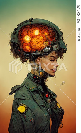 Abstract portrait of a steampunk scientist with an electric brain. A steampunk fantasy concept. Abstract portrait of a steampunk scientist with an electric brain. A steampunk fantasy concept. 98238429