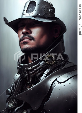 Abstract portrait of a male steampunk cowboy. Manly handsome steampunk cowboy. 3d rendering 98238430