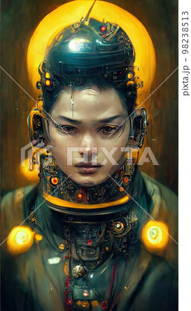 Portrait of Buddha in a steampunk style. A high-tech Buddha from the steampunk future. The concept of cyberpunk and steampunk. Portrait of Buddha in a steampunk style. A high-tech Buddha from the steampunk future. The concept of cyberpunk and steampunk. 98238513