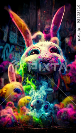 Abstract magical funny cartoon monster. Lots of colored paint, ink, funny monster and rainbow colors. Colorful wonderful surrealism of dreams. The concept of dreams and illusions. 98238516