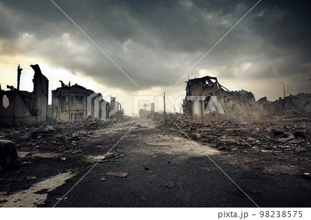 A post-apocalyptic ruined city. Destroyed buildings, burnt-out vehicles and ruined roads. 3D rendering 98238575