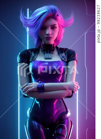 A fictional person, not based on a real person. Portrait of a sci-fi cyberpunk girl. High-tech futuristic woman from the future. The concept of virtual reality and cyberpunk. 3D render. 98238627