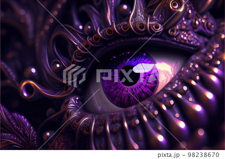 Fantasy alien eye with beautiful makeup close-up. The eye of a fashionable alien with bright colors. Generative AI Art. 98238670