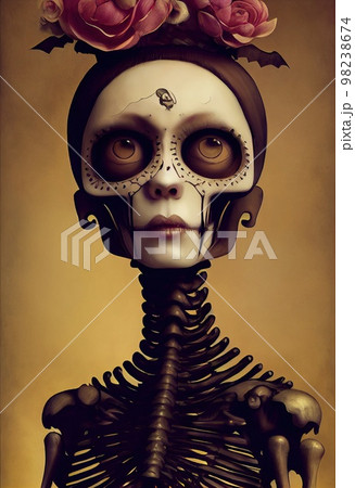 A horrible ancient skeleton with nightmarish makeup. 3D rendering. 98238674