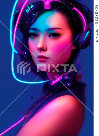A fictional person, not based on a real person. A portrait of a creative Asian beauty wearing fancy headphones. 3d rendering A fictional person, not based on a real person. A portrait of a creative Asian beauty wearing fancy headphones. 3d rendering 98238708
