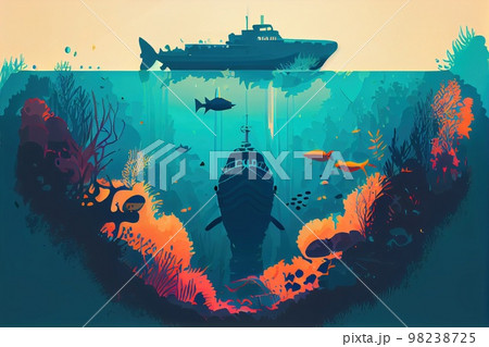 The ecosystem of the underwater marine world. Underwater ships and marine fish. Generative AI 98238725