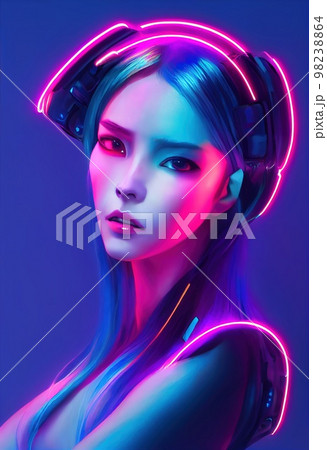 A fictional person, not based on a real person. A portrait of a creative beauty wearing fancy headphones. A lover of fashionable music against a backdrop of bright colorful lights. 3d rendering 98238864