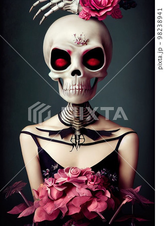 A horrible ancient skeleton with nightmarish makeup. 3D rendering. A horrible ancient skeleton with nightmarish makeup. 3D rendering. 98238941