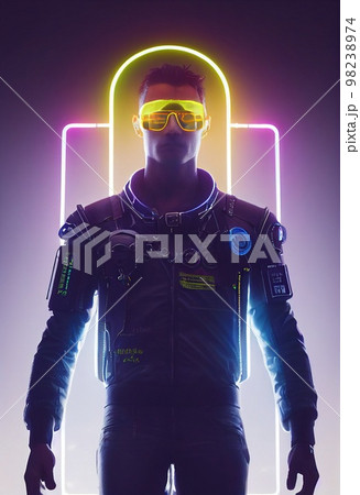 A fictional person, not based on a real person. Portrait of a sci-fi cyberpunk man. High-tech futuristic man from the future. The concept of virtual reality and cyberpunk. Generative AI. 98238974