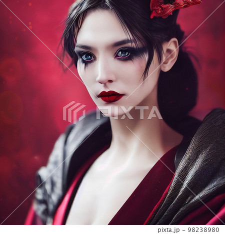 A fictional person, not based on a real person. Mystical beautiful fictional woman with beautiful makeup. Gothic mystery girl. 3D rendering A fictional person, not based on a real person. Mystical beautiful fictional woman with beautiful makeup. Gothic mystery girl. 3D rendering 98238980