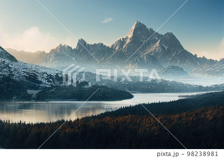 Beautiful ancient mountains at sunset, in the evening sunlight and in the fog. 3D rendering. 98238981