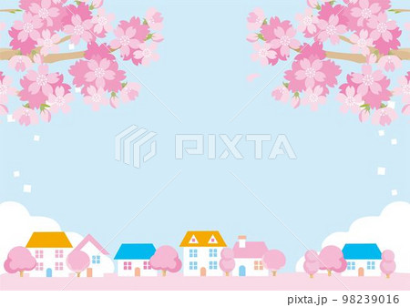 フレーム　春　街並み　家　さくら　桜　風景　背景　イラスト素材 98239016