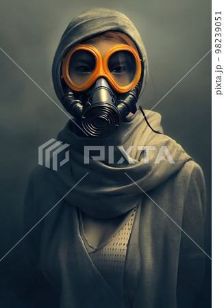 A fictional person, not based on a real person. A stalker survivor in protective clothing and an gas mask. Survivor of nuclear war. The concept of the post-apocalypse. 3d rendering 98239051