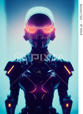A fictional person, not based on a real person. Portrait of a sci-fi cyberpunk warrior. High-tech futuristic man from the future. The concept of virtual reality and cyberpunk. 3D render. A fictional person, not based on a real person. Portrait of a sci-fi cyberpunk warrior. High-tech futuristic man from the future. The concept of virtual reality and cyberpunk. 3D render. 98239098