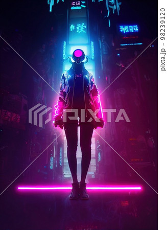 A fictional person, not based on a real person. A portrait of a sci-fi cyberpunk girl wearing cyberpunk glasses. High-tech futuristic woman from the future. The concept of cyberpunk. 3D render. 98239120