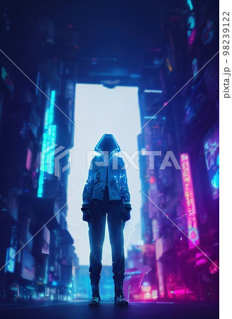 A fictional person, not based on a real person. A portrait of a sci-fi cyberpunk girl wearing cyberpunk glasses. High-tech futuristic woman from the future. The concept of cyberpunk. 3D render. 98239122