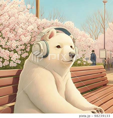白熊がベンチに座りヘッドフォンで音楽を聴いている　桜の季節「AI生成画像」 98239133