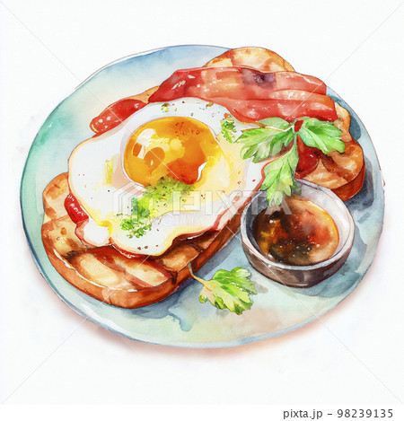 ベーコンエッグトーストのセット　水彩画「AI生成画像」 98239135