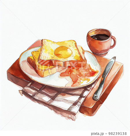 ベーコンエッグトーストのセット 水彩画「AI生成画像」 ベーコンエッグトーストのセット 水彩画「AI生成画像」 98239138