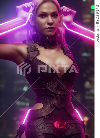 A fictional person, not based on a real person. Female elf warrior with pink hair. Long pink hair, sharp elven ears, beautiful eyes. 3D render. A fictional person, not based on a real person. Female elf warrior with pink hair. Long pink hair, sharp elven ears, beautiful eyes. 3D render. 98239143