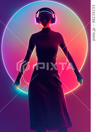 A fictional person, not based on a real person. A portrait of a creative beauty wearing fancy headphones. A lover of fashionable music against a backdrop of bright colorful lights. 3d rendering 98239155