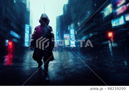 A fictional person, not based on a real person. Portrait of a sci-fi cyberpunk man. High-tech futuristic man from the future. The concept of virtual reality and cyberpunk. 3D render. 98239200