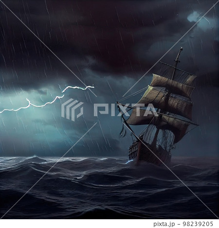 A pirate ship on the high seas during a storm. An old ancient pirate galleon. 3d rendering 98239205