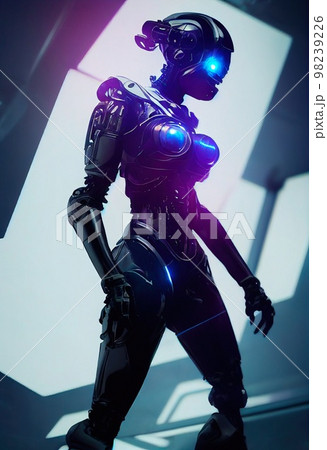 A fictional person, not based on a real person. Portrait of a sci-fi cyberpunk warrior. High-tech futuristic man from the future. The concept of virtual reality and cyberpunk. 3D render. 98239226