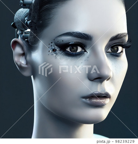 A fictional person, not based on a real person. Portrait of a futuristic robot. An artistic abstract cyberpunk fantasy. Concept of a modern robot. 3d rendering 98239229