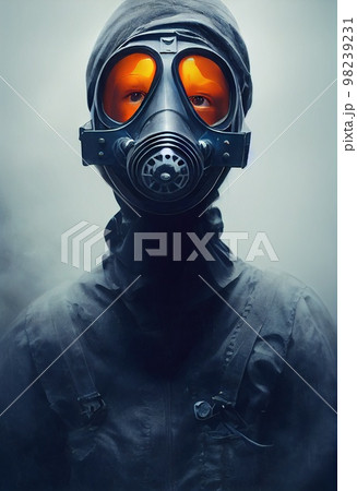 A fictional person, not based on a real person. A stalker survivor in protective clothing and an gas mask. Survivor of nuclear war. The concept of the post-apocalypse. 3d rendering A fictional person, not based on a real person. A stalker survivor in protective clothing and an gas mask. Survivor of nuclear war. The concept of the post-apocalypse. 3d rendering 98239231