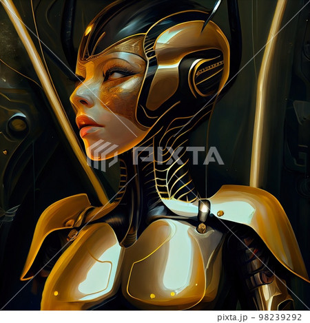 A fictional person, not based on a real person. Portrait of a sci-fi cyberpunk warrior. High-tech futuristic man from the future. The concept of virtual reality and cyberpunk. 3D render. 98239292