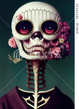 A horrible ancient skeleton with nightmarish makeup. 3D rendering. 98239333