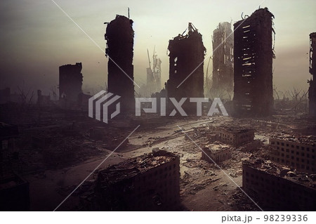 A post-apocalyptic ruined city. Destroyed buildings, destroyed roads, blown up skyscrapers. The concept of the apocalypse. 3d rendering A post-apocalyptic ruined city. Destroyed buildings, destroyed roads, blown up skyscrapers. The concept of the apocalypse. 3d rendering 98239336