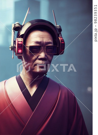 A fictional person, not based on a real person. A portrait of a grandfather in a futuristic cyberpunk style with a cyber headset and wearing a kimono. The concept of virtual reality. 3D render A fictional person, not based on a real person. A portrait of a grandfather in a futuristic cyberpunk style with a cyber headset and wearing a kimono. The concept of virtual reality. 3D render 98239351