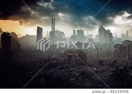 A post-apocalyptic ruined city. Destroyed buildings, destroyed roads, blown up skyscrapers. The concept of the apocalypse. 3d rendering 98239406