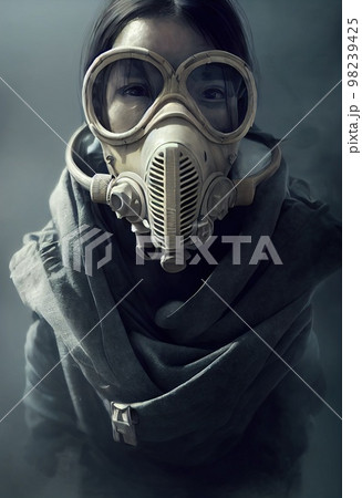 Portrait of a surviving stalker in an old gas mask against an apocalyptic background. Survivor of nuclear war. The concept of the post-apocalypse. Generative AI Art Portrait of a surviving stalker in an old gas mask against an apocalyptic background. Survivor of nuclear war. The concept of the post-apocalypse. Generative AI Art 98239425