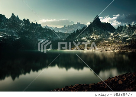 Beautiful ancient mountains at sunset, in the evening sunlight and in the fog. 3D rendering. Beautiful ancient mountains at sunset, in the evening sunlight and in the fog. 3D rendering. 98239477