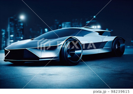 Image of a futuristic car against the backdrop of the city of the future. Concept of the car of the future. 3D rendering Image of a futuristic car against the backdrop of the city of the future. Concept of the car of the future. 3D rendering 98239615