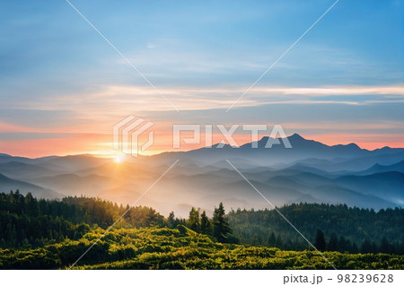 Beautiful ancient mountains at sunset, in the evening sunlight and in the fog. 3D rendering. 98239628