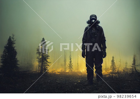 A fictional person, not based on a real person. A stalker survivor in protective clothing and an gas mask. Survivor of nuclear war. The concept of the post-apocalypse. 3d rendering 98239654