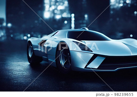 Image of a futuristic car against the backdrop of the city of the future. Concept of the car of the future. 3D rendering 98239655