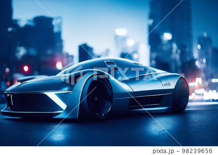 Image of a futuristic car against the backdrop of the city of the future. Concept of the car of the future. 3D rendering Image of a futuristic car against the backdrop of the city of the future. Concept of the car of the future. 3D rendering 98239656