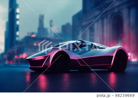Image of a futuristic car against the backdrop of the city of the future. Concept of the car of the future. 3D rendering Image of a futuristic car against the backdrop of the city of the future. Concept of the car of the future. 3D rendering 98239669