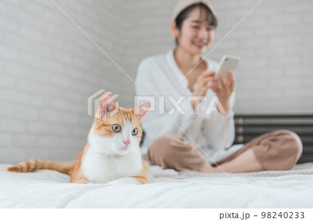 家のベッドルームでペットの猫とスマホで写真を撮って遊ぶアジア人女性 98240233