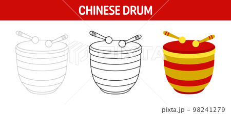 Chinese Drum tracing and coloring worksheet for kids 98241279