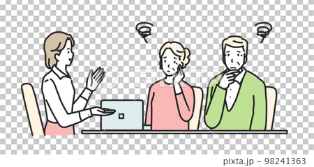 Anxious senior couple consulting a woman 98241363