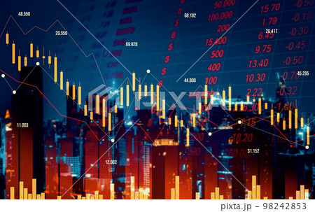 Declining graphs and digital indicators overlap modernistic city background. 98242853