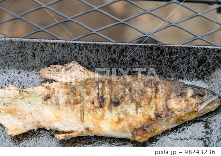 【オートキャンプ場で鮎の塩焼きの完成】 98243236